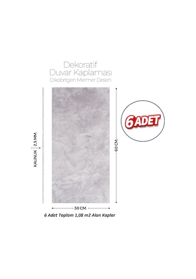 30x60 Cm Kendinden Yapışkanlı Duvar,banyo,tezgah Arası Kaplama Açık Gri 902-30-6