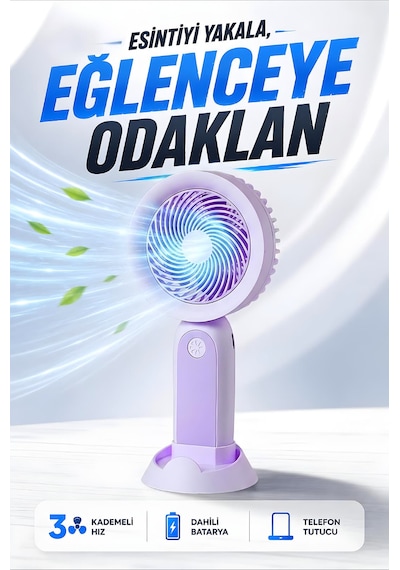 Şarjlı Taşınabilir Mini El Fanı 3 Kademeli Hız Ayarlı Telefon Standlı Vantilatör Mor