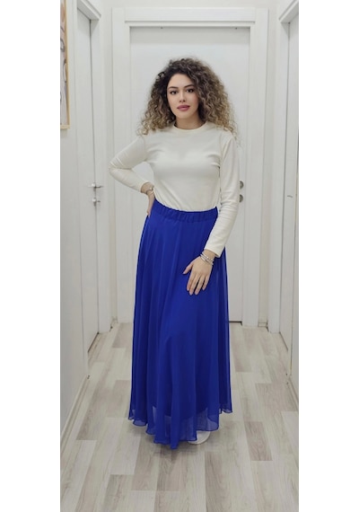 Lodmela Bel Lastikli Kloş Şifon Etek 6003-saks Saks
