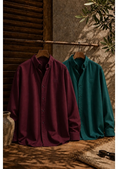 Respire Erkek Minimal Baskılı Oversize Dokulu Gömlek 2'li Set Bordo-zümrüt Turkuaz