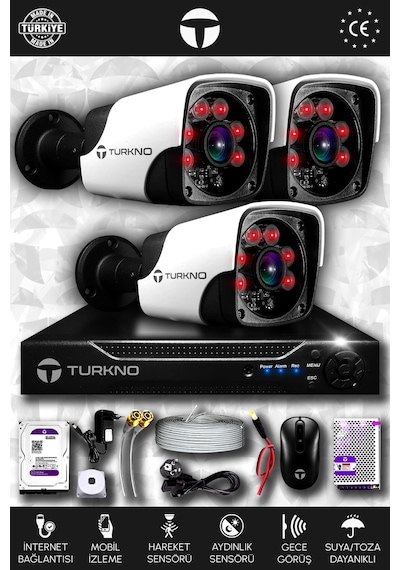 Turkno 3 Kameralı Pania 3 Dış Kamera Set 250 GB HDD Full HD Gece Görüşlü Güvenlik Kamerası Sistemi
