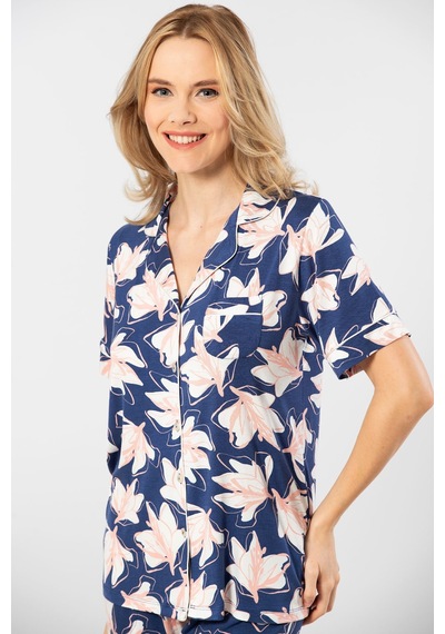 Türen Yaprak Desenli Kısa Kollu Gömlek Yaka Pijama Takımı 3355/lacivert 001