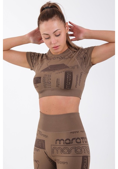 Maraton Active Slimfit Kadın Bisiklet Yaka Kısa Kol Koşu Kakao Crop Top 811037 Kahverengi