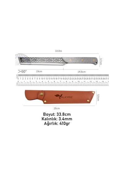 Valkyrie Paslanmaz Çelik Desenli Çok Amaçlı Mutfak Ve Kamp Bıçağı Kılıflı Dayanıklı Tasarım 33.8 Cm Siyah