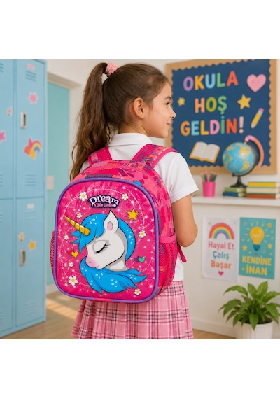 Kız Çocuk Desenli Okul Çantası Anaokulu İlkokul Sırt Çantası 27x37 Cm Pembe
