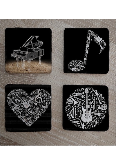 Siyah Beyaz Müzik Görselleri Doğal Taş Bardak Altlığı 4'lü Set - Natural Stone Coasters - Taş Beyaz - Siyah