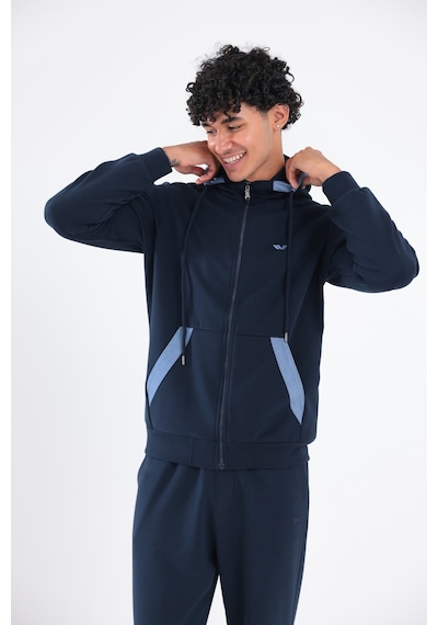 Rowinger Modal Kumaş Kapüşonlu Fermuarlı Kontrast Detaylı Erkek Sweatshirt Navyblue