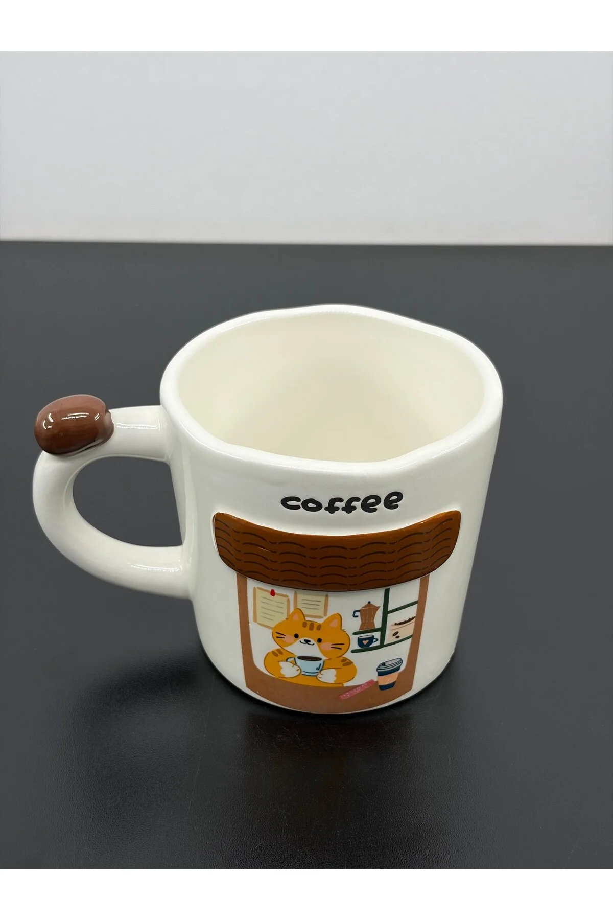 Acar Porselen Lüks Büyük Boy Coffee Dekor Kedili Bardak Kupa 400ml Turuncu