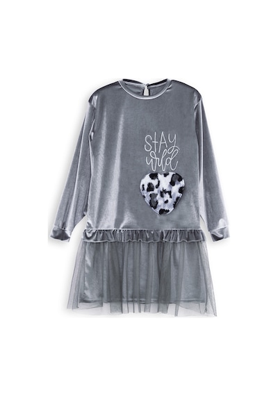 Denokids Leopar Cepli Kız Çocuk Gri Kadife Elbise Renkli