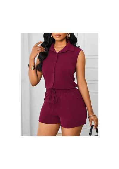Butik İstanbul Kadın Kolsuz Yakalı Önden Düğmeli Dubai Bluz Ve Bağcıklı Kısa Şort Ikili Takım Bordo