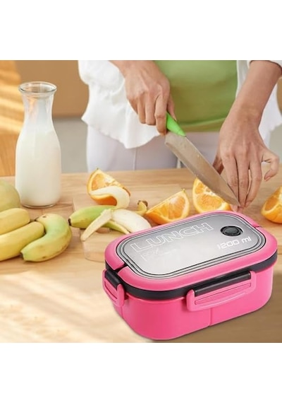 Busstier 1200 Ml 2 Katlı 6 Bölmeli Bpa'sız Pp Plastik Sefer Tası Ve Beslenme Çantası - Hava Kilitli Bento Lunch Box, Çatal Ve Kaşık Dahil Pembe