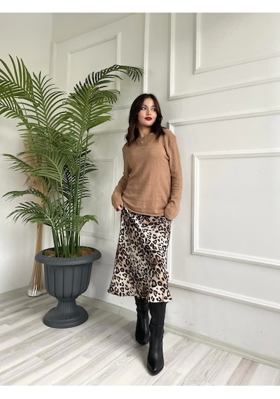 Keymoda Kadın Açık Yaka Uzun Kol Triko Camel Camel