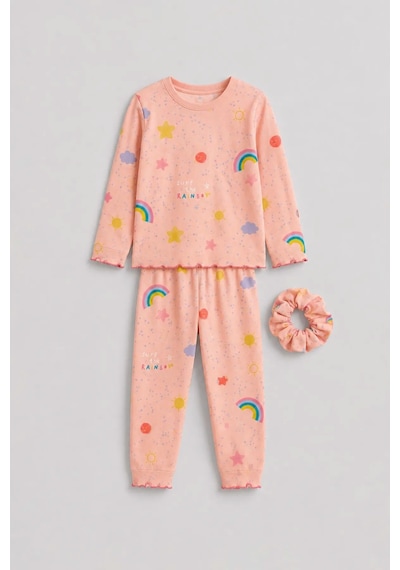 Zuzunga Kız Çocuk Gökkuşağı Desenli Beybi Overlok Somon Pijama Takımı Toka Hediyeli