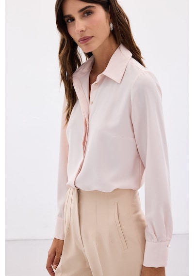 Sateen Klasik Düz Gömlek - Pudra-123674 Pudra