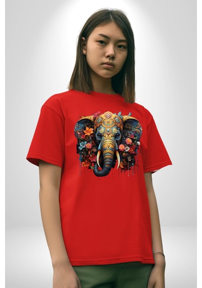 Bereket Fil Hintli Tasarım Pamuklu Bisiklet Yaka Unisex Oversize Boyfriend Dijital Baskılı Kırmızı T-shirt Kırmızı