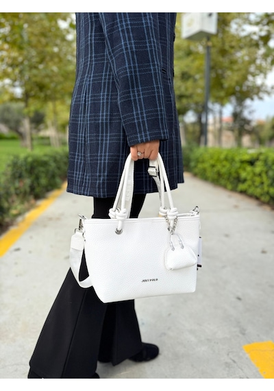 Just Polo Kadın Yeni Sezon Yumuşak Deri 4 Bölmeli Ayarlanabilir Askılı Lüks El Ve Omuz Çantası Shopper Beyaz