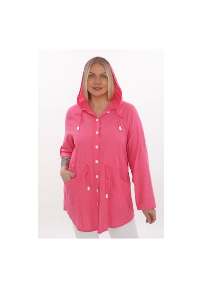 Lady Majestic Cotton Büyük Beden Kapüşonlu Mevsimlik Ceket - Fuşya