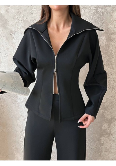Hopıan Kadın Siyah Yarım Fermuarlı Dik Yaka Crop Sweatshirt Siyah - Siyah