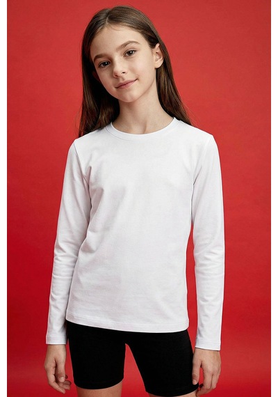 Beyaz O Yaka Standart Fit Basic Uzun Kollu Unisex Çocuk T-shirt - 11329 Beyaz