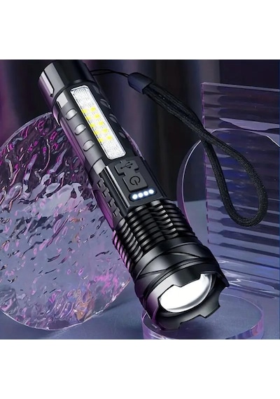 Valkyrie Şarjlı 7 Modlu Ultra Güçlü Led El Feneri Çakarlı Çok Fonksiyonlu Zoom 1500mah Siyah