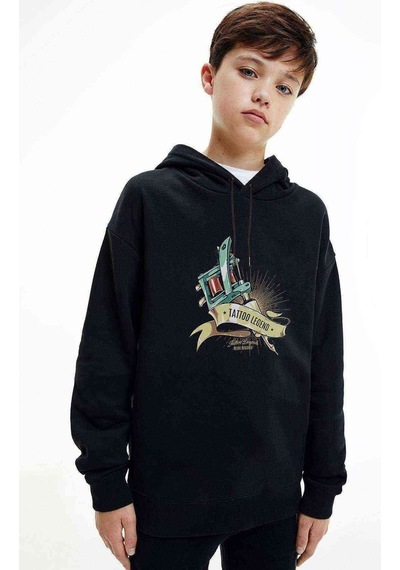 Tshirthane Tatto Legend Retro Baskılı Unisex Çocuk Kapüşonlu Siyah Sweat Siyah