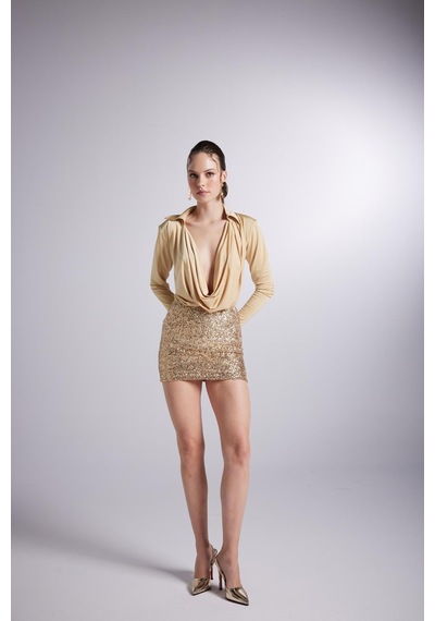 Holly Lolly Degaje Yaka Dekolteli Çıtçıtlı Taylor Bodysuit Gold