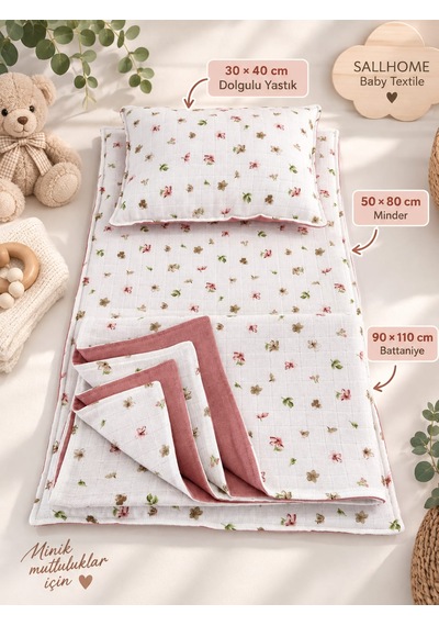 Sallhome Baby Gül Kurusu Çiçek Desenli Müslin 3'lü Bebek Alt Açma Seti Minder - Battaniye ve Yastık