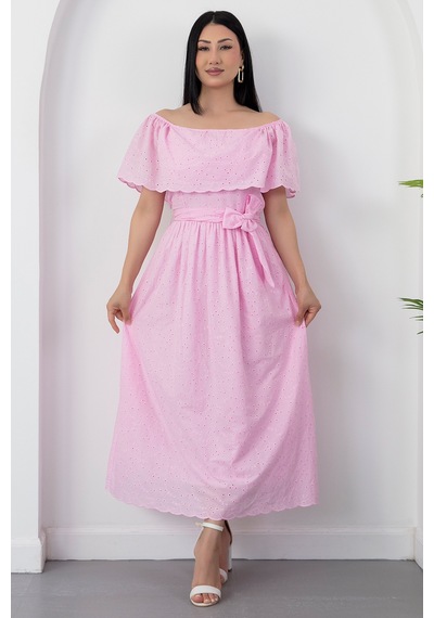 Kalopya Madonna Yaka Kemerli Brode Elbise 2026-4643 Pembe