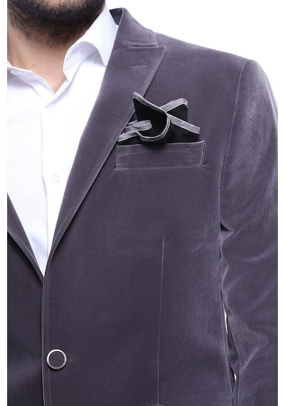 Wessi Kadife Slim Fit Gri Erkek Ceket Siyah