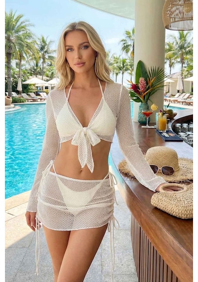 Angelsin Bağlamalı Alt Üst Pareo Üçgen 4'lü Brezilya Bikini Takım Set Çıkartılabilir Kaplı Beyaz