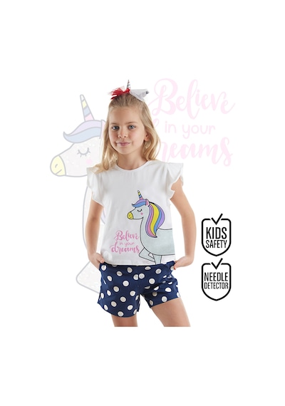 Puantiyeli Unicorn Kız Çocuk Yazlık T-Shirt Poplin Şort Takım
