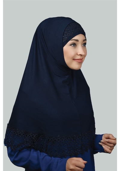 Altobeh İkili Set Dantelli Pratik Eşarp Hazır Hijab Ve Tesettür Bonesi Xl Lacivert