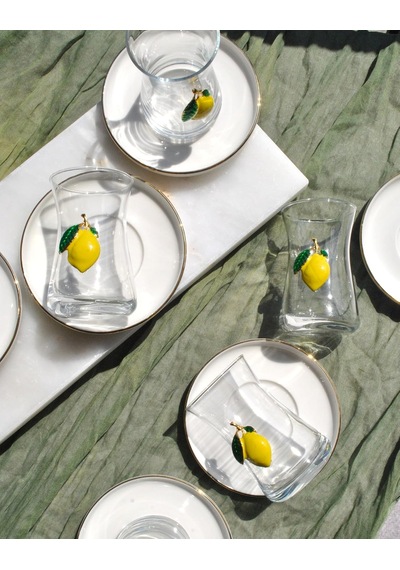 12 Parça Limonlu Çay Seti Limon Dekorlu Çay Bardağı Ve Gold Porselen Çay Tabağı Çok Renkli