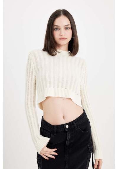 Defacto Regular Fit Crop Bisiklet Yaka Örgü Delikli Triko Kazak C6321AX24WNER103 Ekru