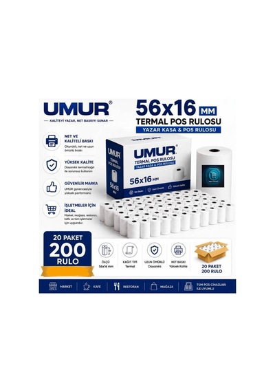 56x16 Yazarkasa Termal Pos Rulosu Net Baskı Yüksek Kalite Pos Cihazlarına Uyumlu 20 Paket 200 Adet