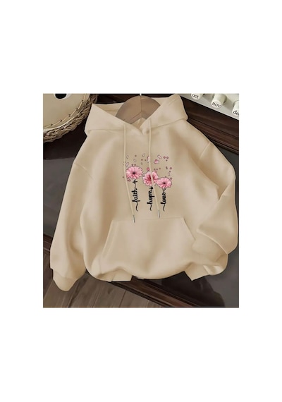 Herkesemoda Çiçek Baskı Detaylı İçi Polarlı Kapüşonlu Sweatshirt Bej