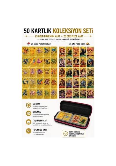 Cantex Tech Pokemon Ve One Piece Oyun Kartı Özel Seri 25 Gold Pokemon - 25 Gold One Piece + Saklama Çantası Dahil