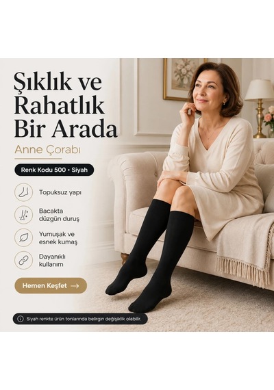 Genel Kadın 40 Denye İnce Anne Çorabı 12'li Dizaltı Topuksuz Esnek, Ten Siy Siyah / Standart / 12 Adet
