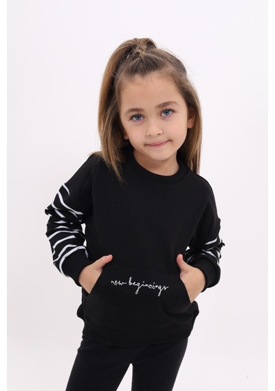 Toontoy Kız Çocuk Relax Fit Bisiklet Yaka Cepli Baskılı Sweatshirt - Kolu Çizgili & 2 İplik Siyah Toontoy Kız Çocuk Relax Fit Bisiklet Yaka Cepli Baskılı Sweatshirt - Kolu Çizgili & 2 İplik Siyah