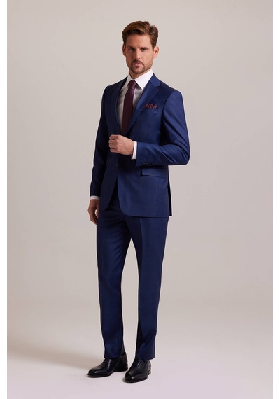 Erkek Lacivert Regular Fit Çift Yırtmaç Kareli Takım Elbise