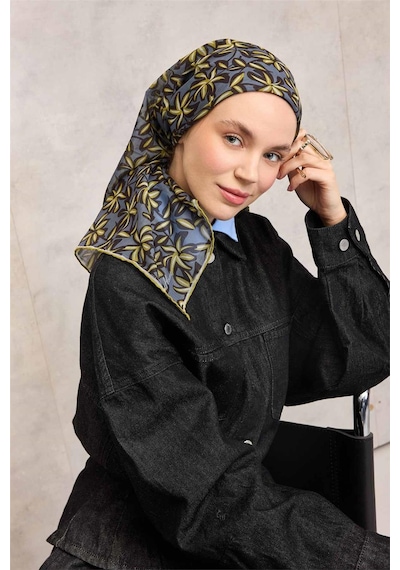 Silk Home Pamuk Polyester Soft Eşarp Hardal Flora Desenli Kaymaz Dokulu 90x90 Çok Renkli
