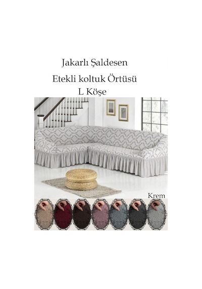 Jakarli Şal Desen L.köşe Koltuk Örtüsü, Koltuk Kılıfı Krem 350cm Krem