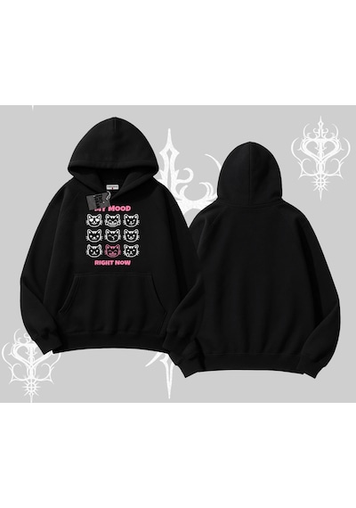 Kitti Sweet Mini Logo Baskılı Kapşonlu Crop Sweatshirt Siyah