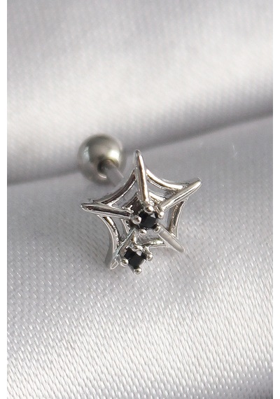 Bay 316l Çelik Gümüş Renk Siyah Zirkon Taş Detay Örümcek Ağ Model Tragus Piercing Najmaddin Standart