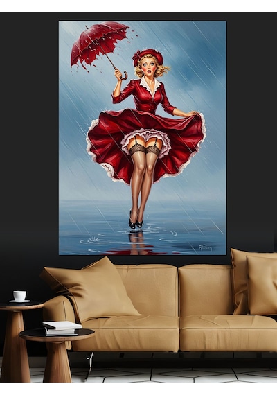 Ahşap Tablo Kırmızı Elbiseli Pinup Kızı