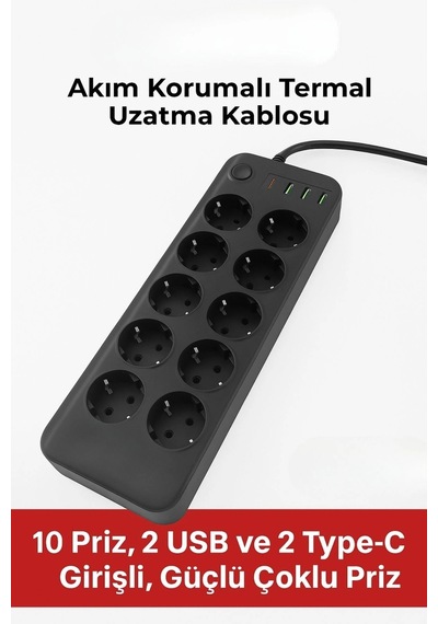 Durukar Akım Korumalı Termal Uzatma Kablosu 10 Priz, 2 Usb Ve 2 Type-c Girişli, Güçlü Çoklu Priz Standart