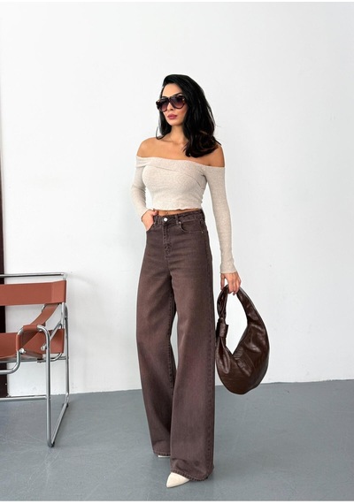 Kadın Kahverengi Taşlamalı Baggy Jean Yüksek Bel Geniş Paça Kot Pantolon Kahverengi+taşlamalı Baggy