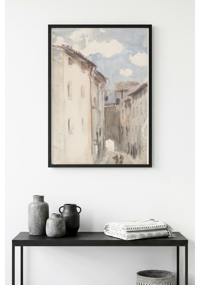 Doğal Ahşap Çerçeveli Soyut Şehir Manzarası Tablo - Pastel Tonlar Huhu1168