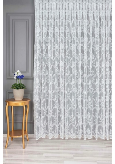 Caserta Damask Dantel Çiçek Desen Beyaz Düz Örme Tül Perde 1.sınıf Kalite Beyaz - Ekru