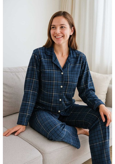 Tenra Kadın Pijama Takımı Boydan Düğmeli Süet Kareli Desenli Lacivert